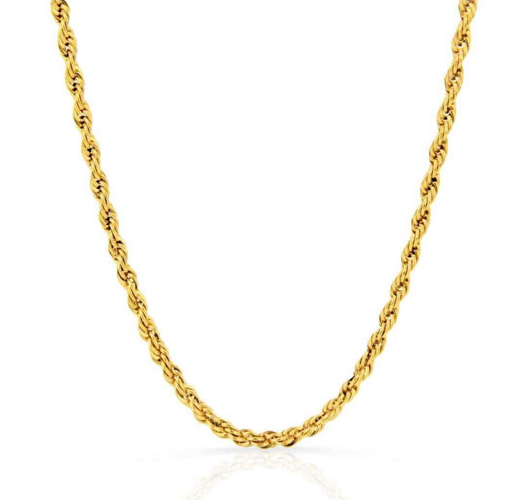 Sanza Jewelry men's rope chain necklace in yellow 14 karat gold filled with hypoallergenic, tarnish resistant and water resistant 316L medical grade stainless steel base metal