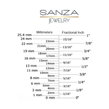 Load image into Gallery viewer, Sanza Jewelry millimeters to fractional inches guide