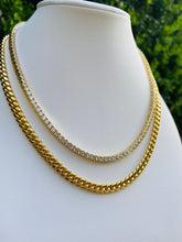Load image into Gallery viewer, Tennis Necklace in 14 karat yellow gold filled over stainless steel, hypoallergenic and anti tarnish. Miami Cuban Link in 14 Karat gold filled over stainless steel. High quality demi fine jewelry