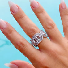 Load image into Gallery viewer, Womans hand wearing white gold chain link cubic zirconia baguette ring