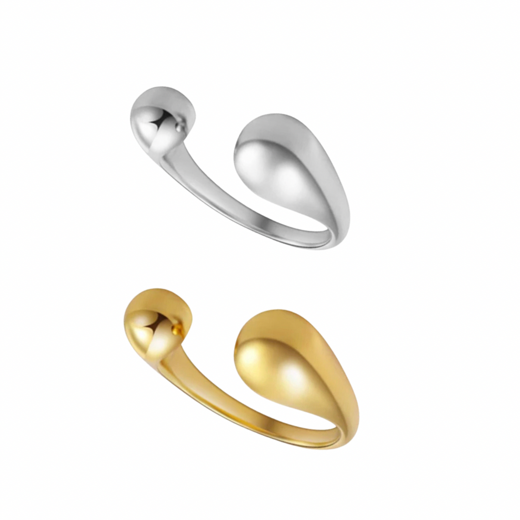 two water drops open rings in gold and white gold rhodium 