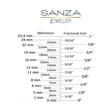 Load image into Gallery viewer, Sanza Jewelry millimeters to fractional inches guide
