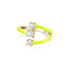 Load image into Gallery viewer, neon yellow enamel and 14 karat gold plated ring with three layered design, each layer has one cubic zirconia. adjustable fit fits most ring sizes 3-9
