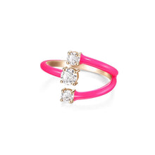 Load image into Gallery viewer, hot pink enamel and 14 karat gold plated ring with three layered design, each layer has one cubic zirconia. adjustable fit fits most ring sizes 3-9
