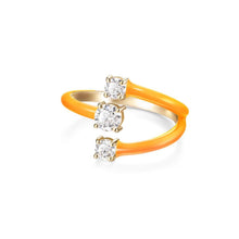 Load image into Gallery viewer, Orange enamel and 14 karat gold plated ring with three layered design, each layer has one cubic zirconia. adjustable fit fits most ring sizes 3-9 
