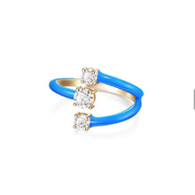 Load image into Gallery viewer, Blue enamel and 14 karat gold plated ring with three layered design, each layer has one cubic zirconia. adjustable fit fits most ring sizes 3-9 
