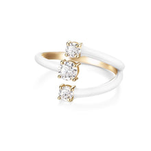 Cargar imagen en el visor de la galería, white enamel and 14 karat gold plated ring with three layered design, each layer has one cubic zirconia. adjustable fit fits most ring sizes 3-9 
