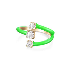Load image into Gallery viewer, Green enamel and 14 karat gold plated ring with three layered design, each layer has one cubic zirconia. adjustable fit fits most ring sizes 3-9 
