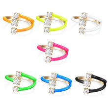 Load image into Gallery viewer, set of seven neon rings each with three layers and with three cubic zirconia each . 14 karat gold plated adjustable size fits most approximately ring sizes 3-9
